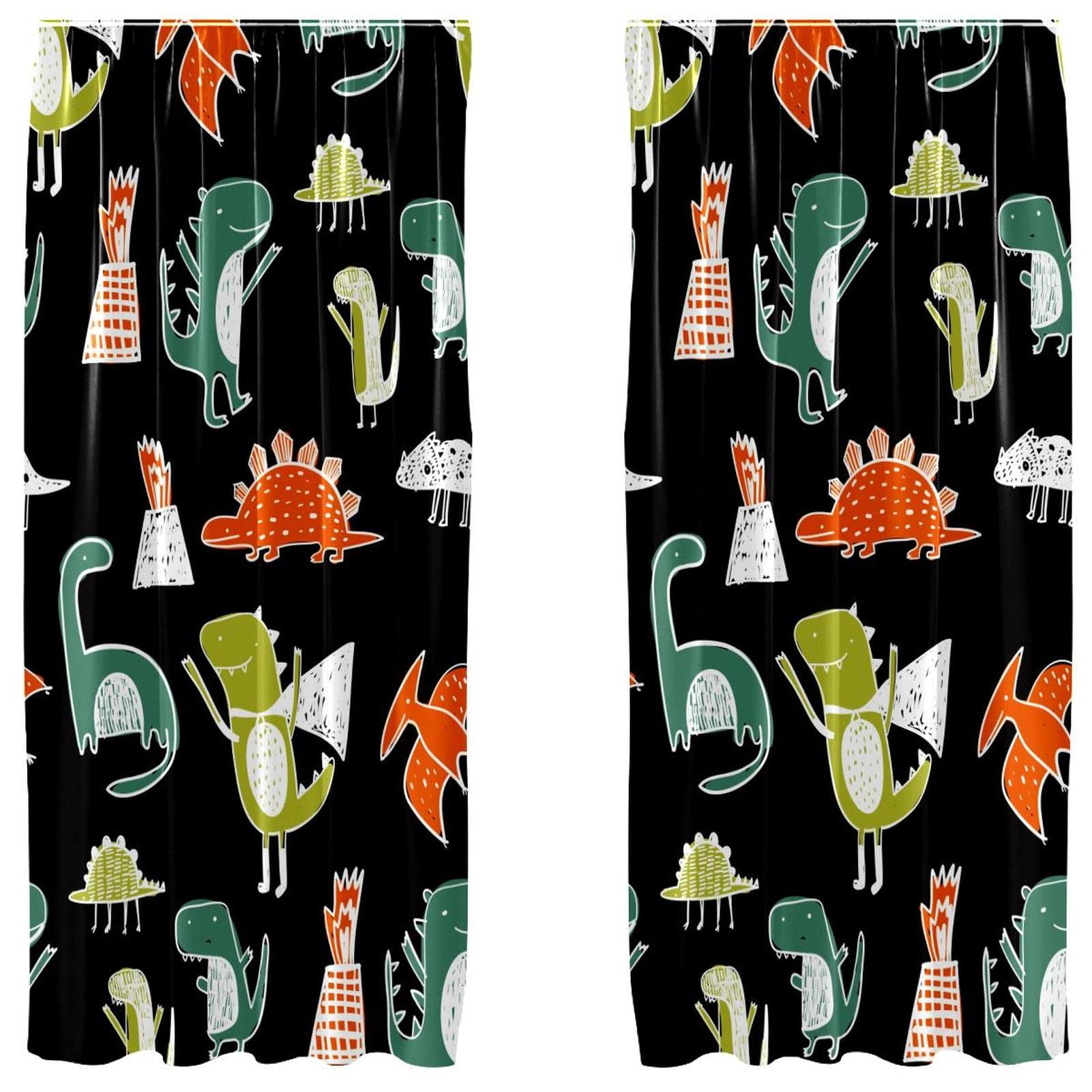 Cortinas de dormitorio infantil que decoran la ventana con divertidos dinosaurios sobre negro