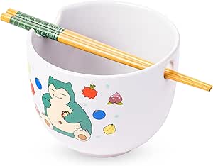 Silver Buffalo Pokemon Snorlax Relaxing and Eating Food Ceramic Ramen Noodle Rice Bowl with Chopsticks, Microwave Safe, 20 Ounces