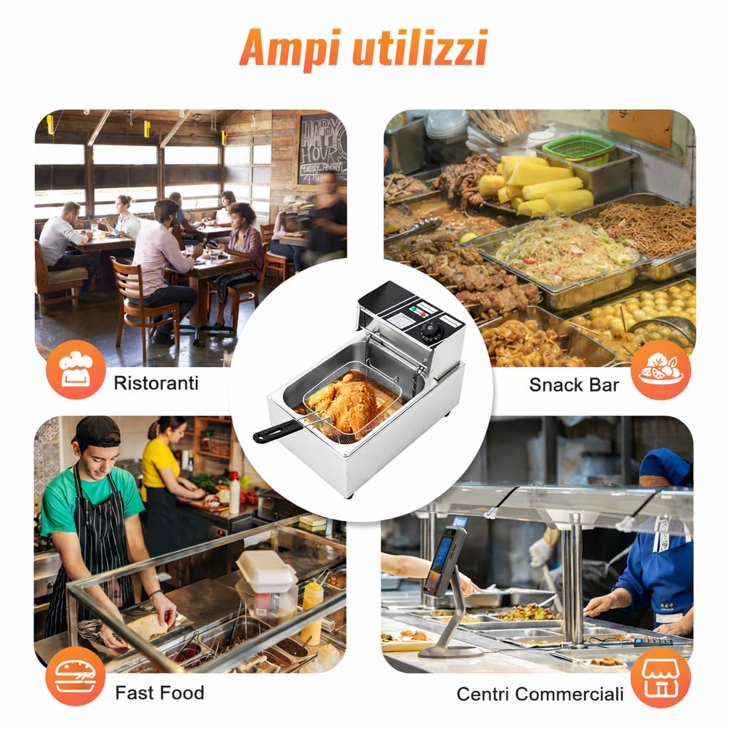 Friggitrice elettrica 2500 W commerciale in acciaio inox 6L con scolapiatti e coperchio, controllo della temperatura in acciaio inox, friggitrice rettangolare grande dispositivo per gastronomia, uso
