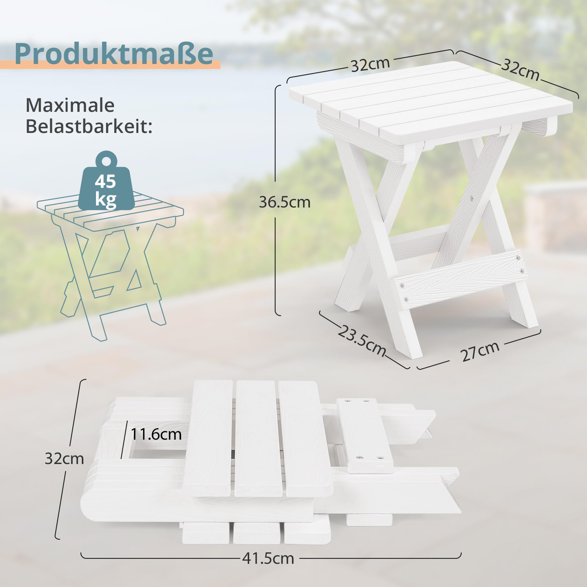 LUE BONA Beistelltisch Outdoor Wetterfest Klappbar,Beistelltisch Garten Balkon aus HDPS,Klapptisch Klein mit Einfacher Montage,Robuster Abstelltisch für Camping,Terrasse,32 × 32 × 36cm,Weiß