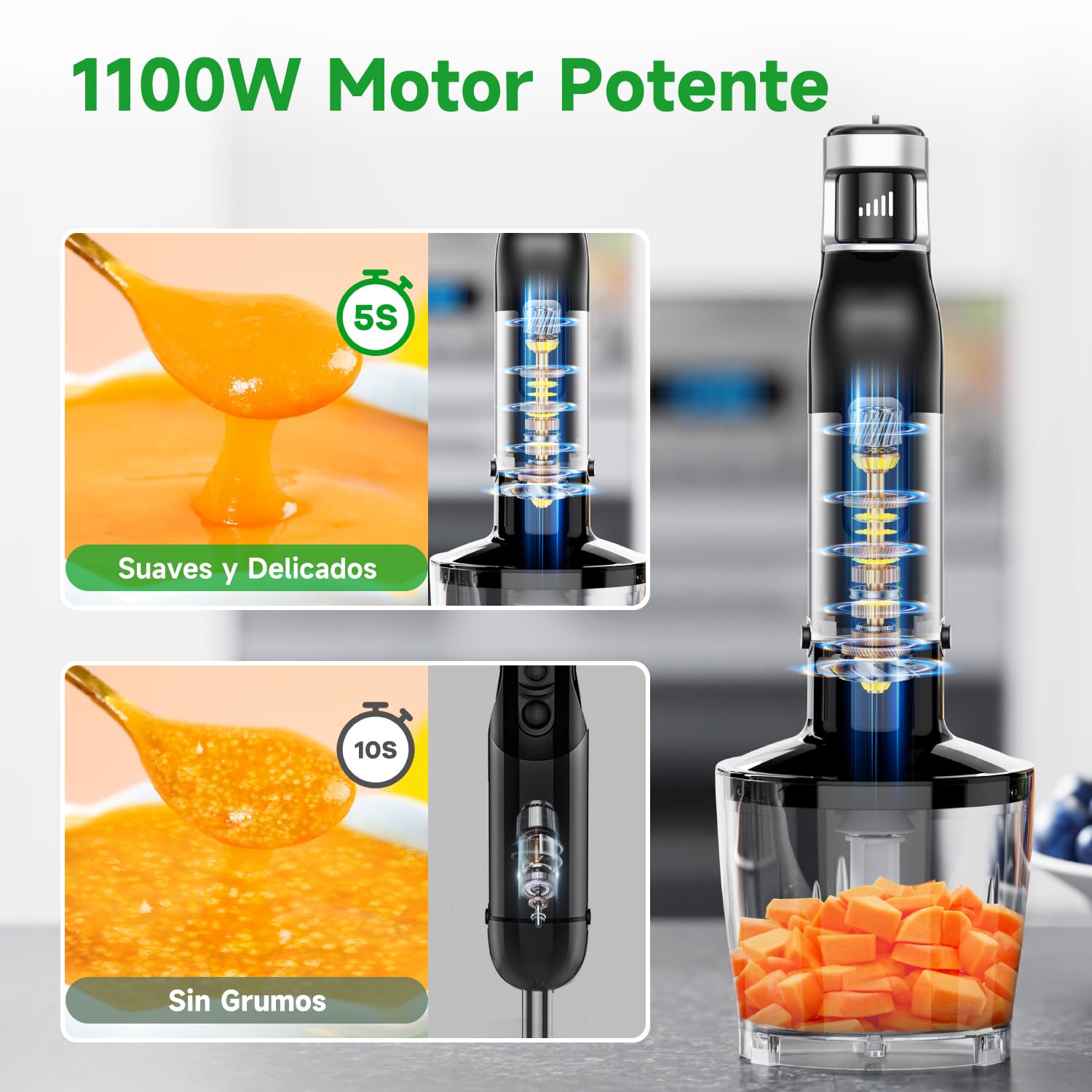 BESROY Batidora de Mano 5 en 1 1100W, Batidora Eléctrica con Velocidad Regulable, Acabado en Acero Inoxidable, con Picadora, Espumador de Leche, Varilla y Vaso Medidor, Ideal para Smoothies, Salsa