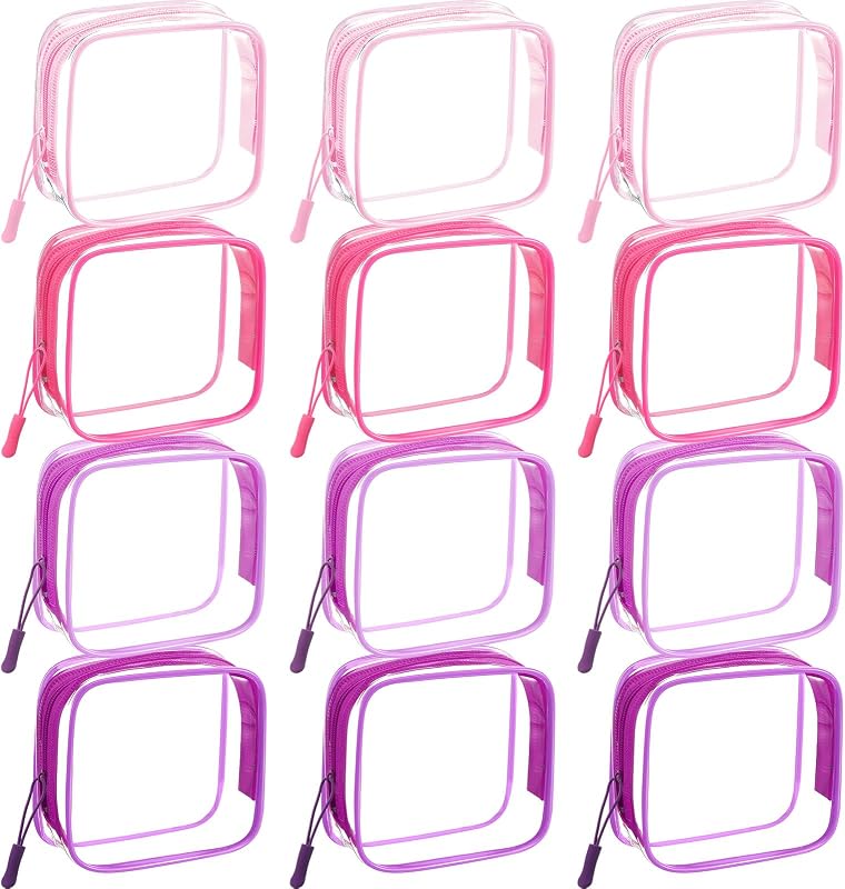 12 Pcs Pinkish-purple Clear Cosmetic Makeup Bags with Zipper Tsa Approved Pouches Bulk for Travel Transparent PVC Waterproof Carry Pouches Organizer Case for Men Women