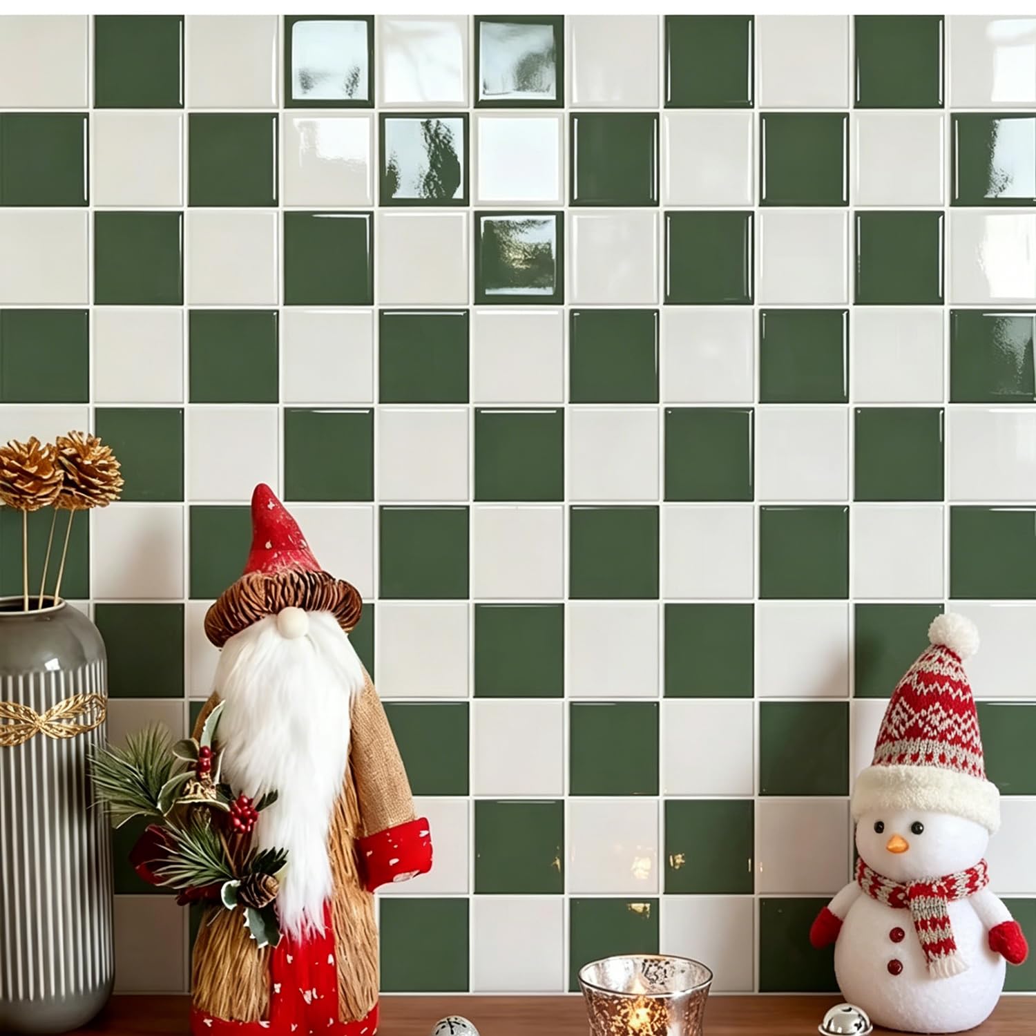 Alwayspon 30x30cmx10Pcs 3D Checkerboard Vinyl Peel and Stick Splashback Wall Tiles Sticker, Self-Adhesive Waterproof Tile Stickers Stick on Tiles for Kitchen Bathroom Wall, White Deep Green