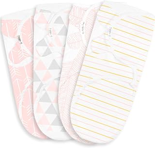 BaeBae Goods Swaddle Blanket, Adjustable Infant Baby Swaddling Wrap Set of 4, Baby Swaddling Wrap Blankets for Boys and Girls Made in Soft Cotton (0-3 Months, Pink/Gold Stripes)