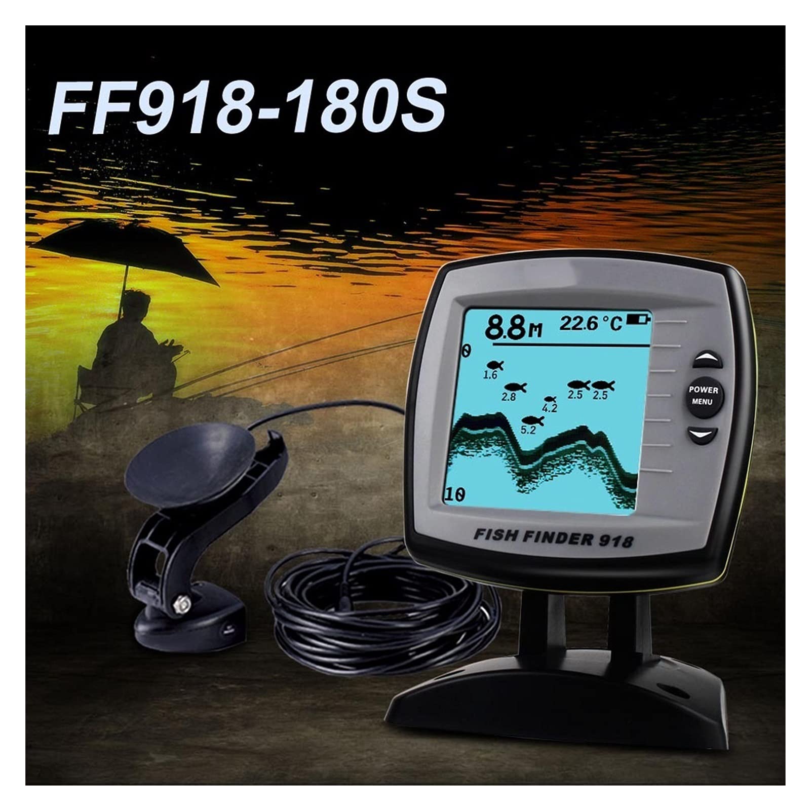 Fish Finder. FF918-180S. Sensore del trasduttore cablato Fishfinder 45 Gradi Echo LCD. Localizzatore di Pesce Fishfinder for Barche(Blauw)