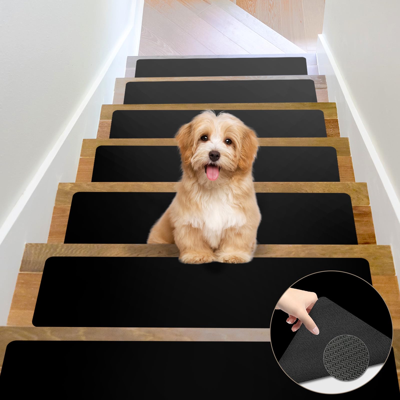 Apriciti Stair Treads Non-Slip Step Mats for Stairs, 8 x 30 inches Anti Slip Stairway Tape Strip, Reusable Staircase Step Carpet Treads for Wood Stairs (Black, Set of 15)