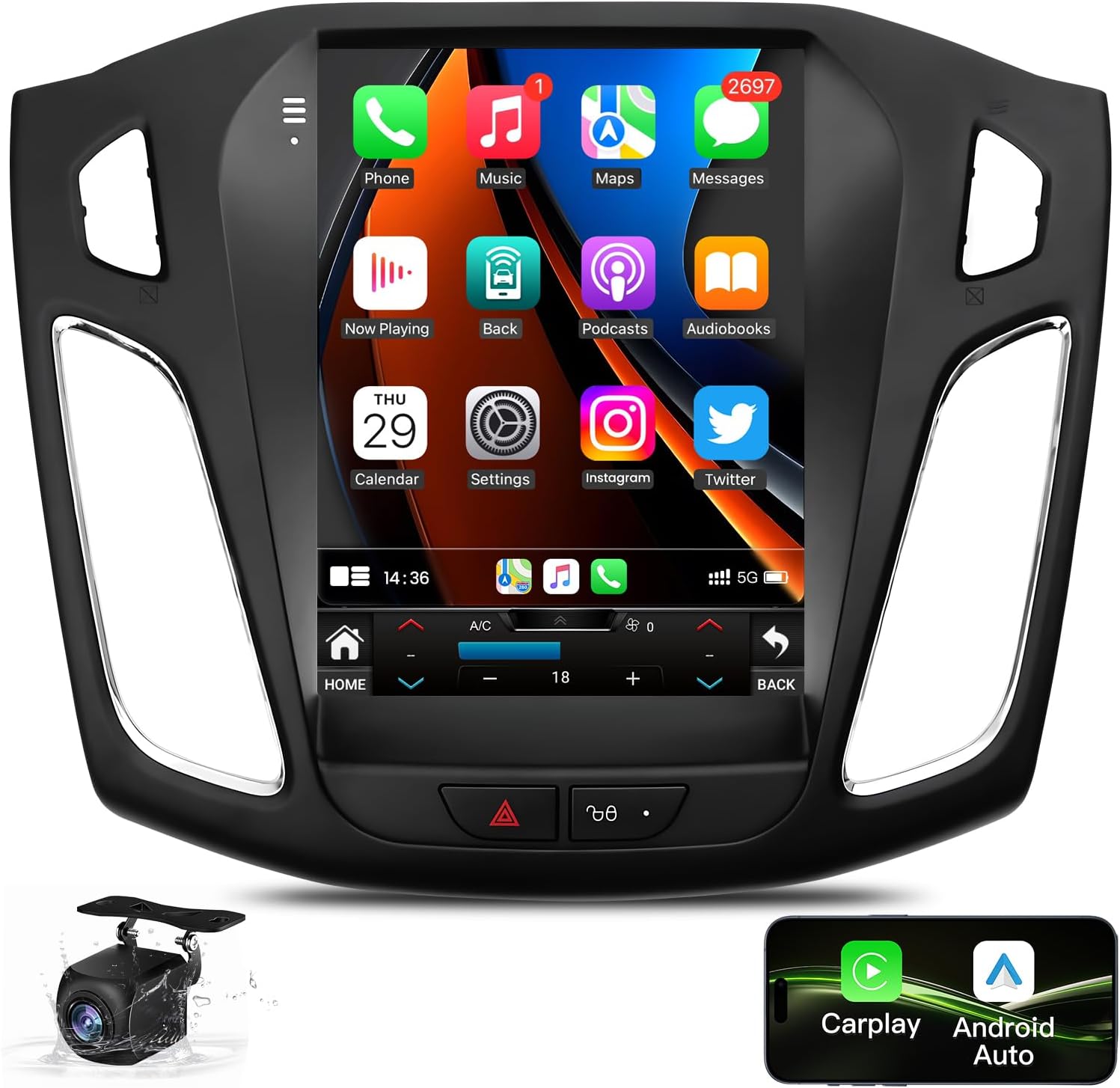 Car Stereo for Ford Focus Radio 2012-2018 with Carplay Android Auto, Upgrade 5GWifi 10 Inch IPS Touch Screen Replacement with GPS Navigation BT5.0 Backup Camera