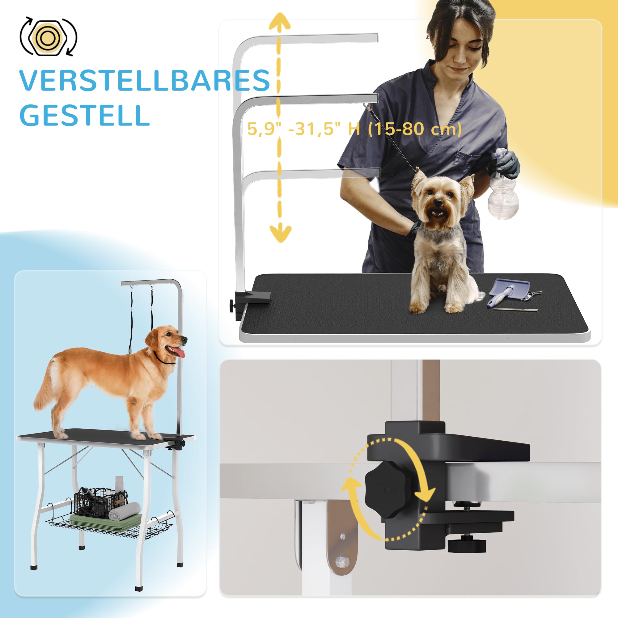 PawHut mesa de peluquería canina, mesa de recorte ajustable en altura para perros, mesa de recorte plegable, mesa de peluquería canina con cesta de malla, eslingas, para secar el pelo, cortar el pelo,