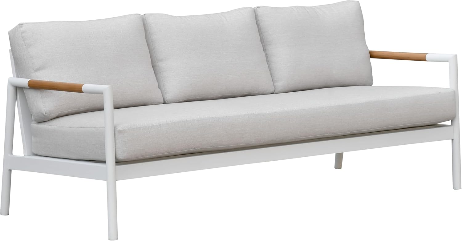 SAFAVIEH Couture Outdoor Patio Furniture Collection - Chryssa 3-Seater Sofa, White Aluminum Frame with Natural Teak Wood Armrests & Beige Cushions (CPT4008A)