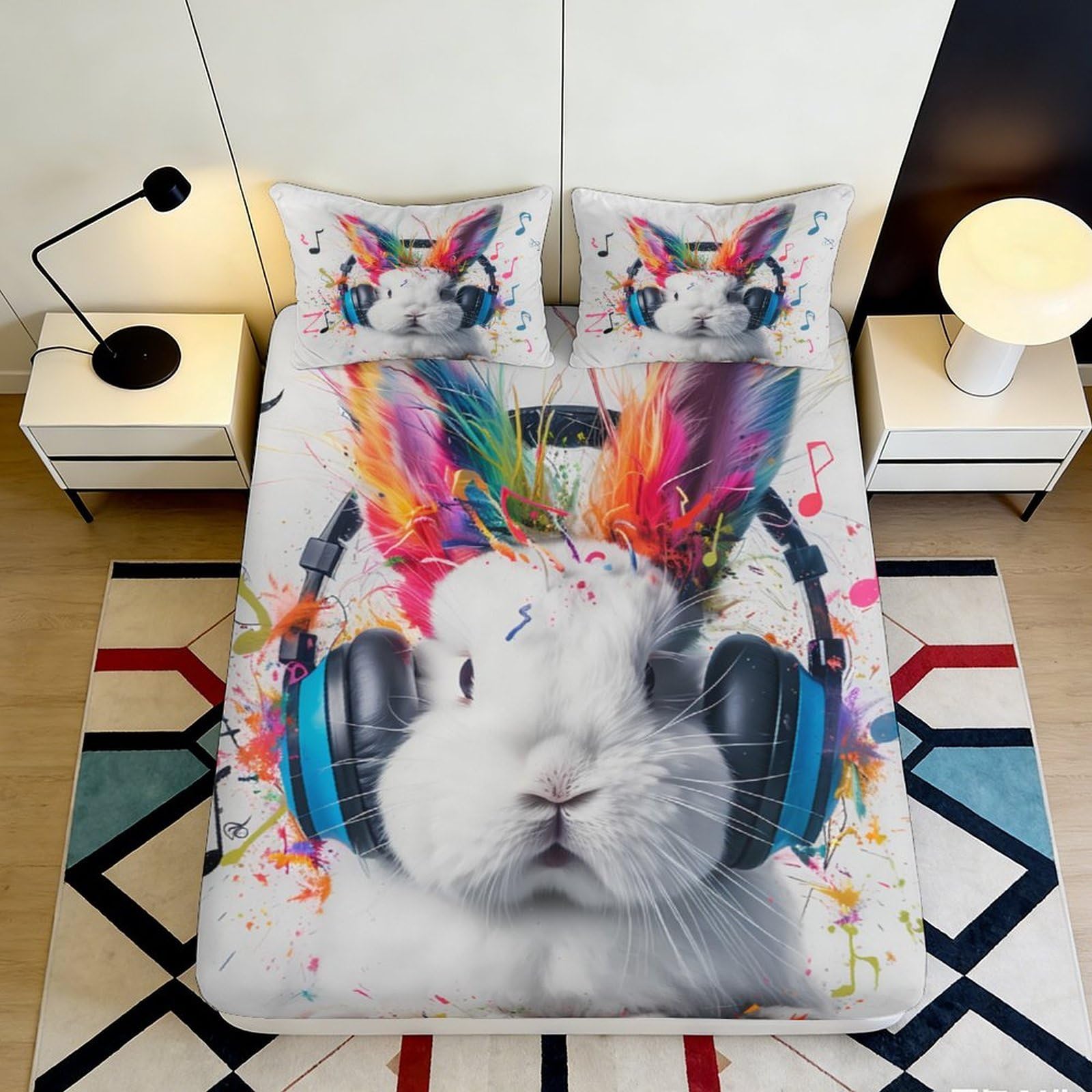 Uynsixtme Style-2 3D Printed Colourful Headphone Rabbit Fitted Sheet Microfiber Deep Pocket Bedroom Bedding Rabbit Mattress Fitted Cover Washable For All Ages 90X200x25cm