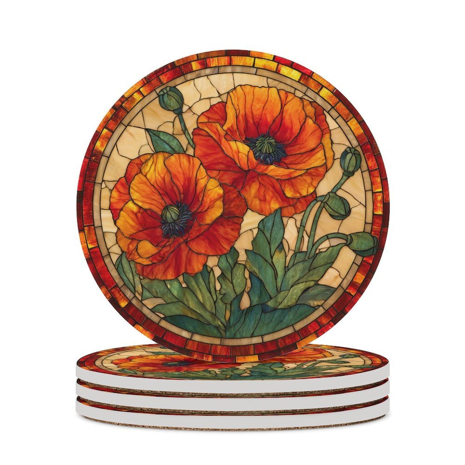 Stained Glass Red And Orange Poppies Coasters Set of 4 Absorbent Coasters