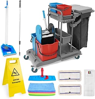 Hypafol Profi Putzwagen mit 100l Leinensack I Praktisches Reinigungsset mit 2x18l & 2x5l Eimern I Stabile Mopp-Presse & Halterung für Besen & Lappen I Set mit 3 x 40 cm Wischmopp & 12 x Mikrofasertuch