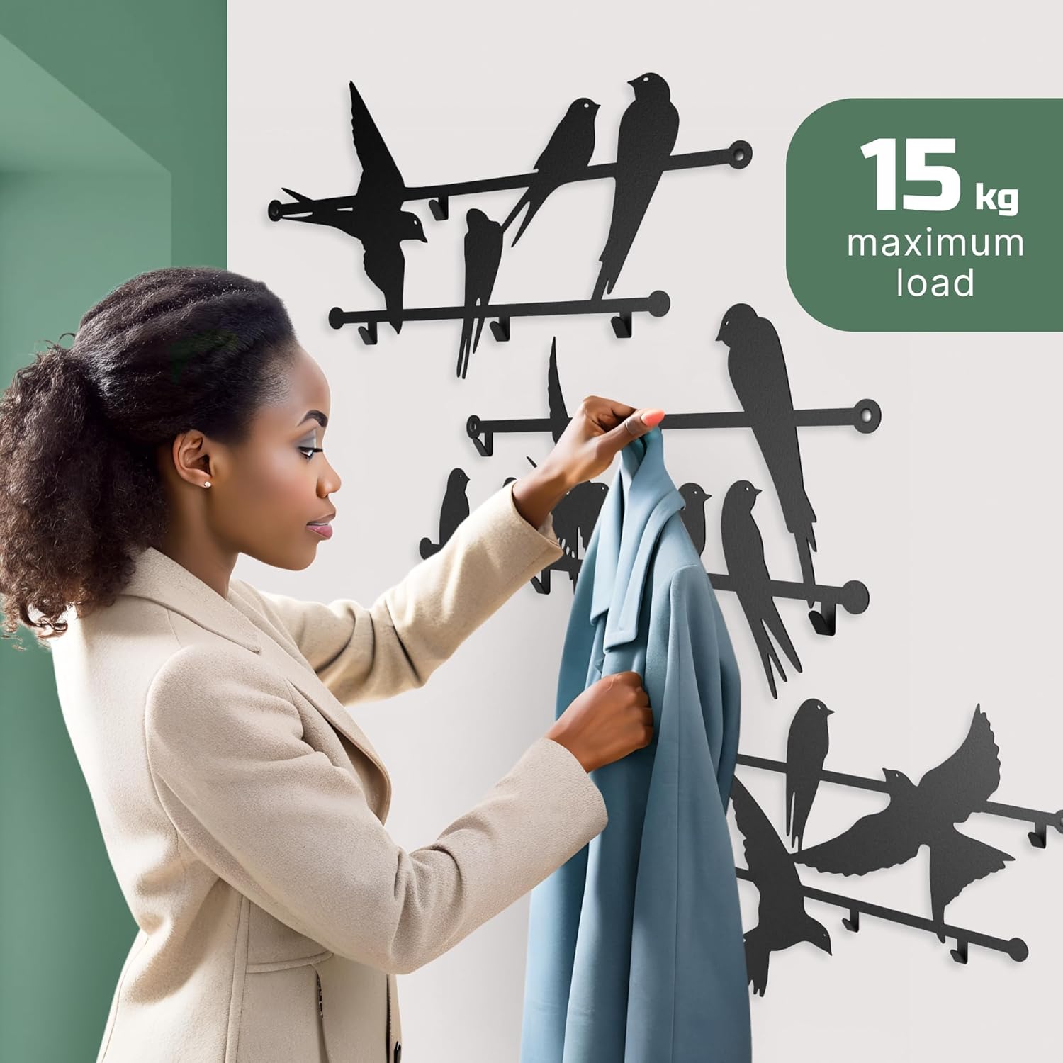 Entrance Wall Mounted Coat Rack 3pcs Metal Design Style Birds 23x40 Inches - Heavy Duty Hallway Hanger Hooks for Kids and Adults, Decorative Art Deco Iron Wardrobe Holder, Slim Stylish Steel Panels