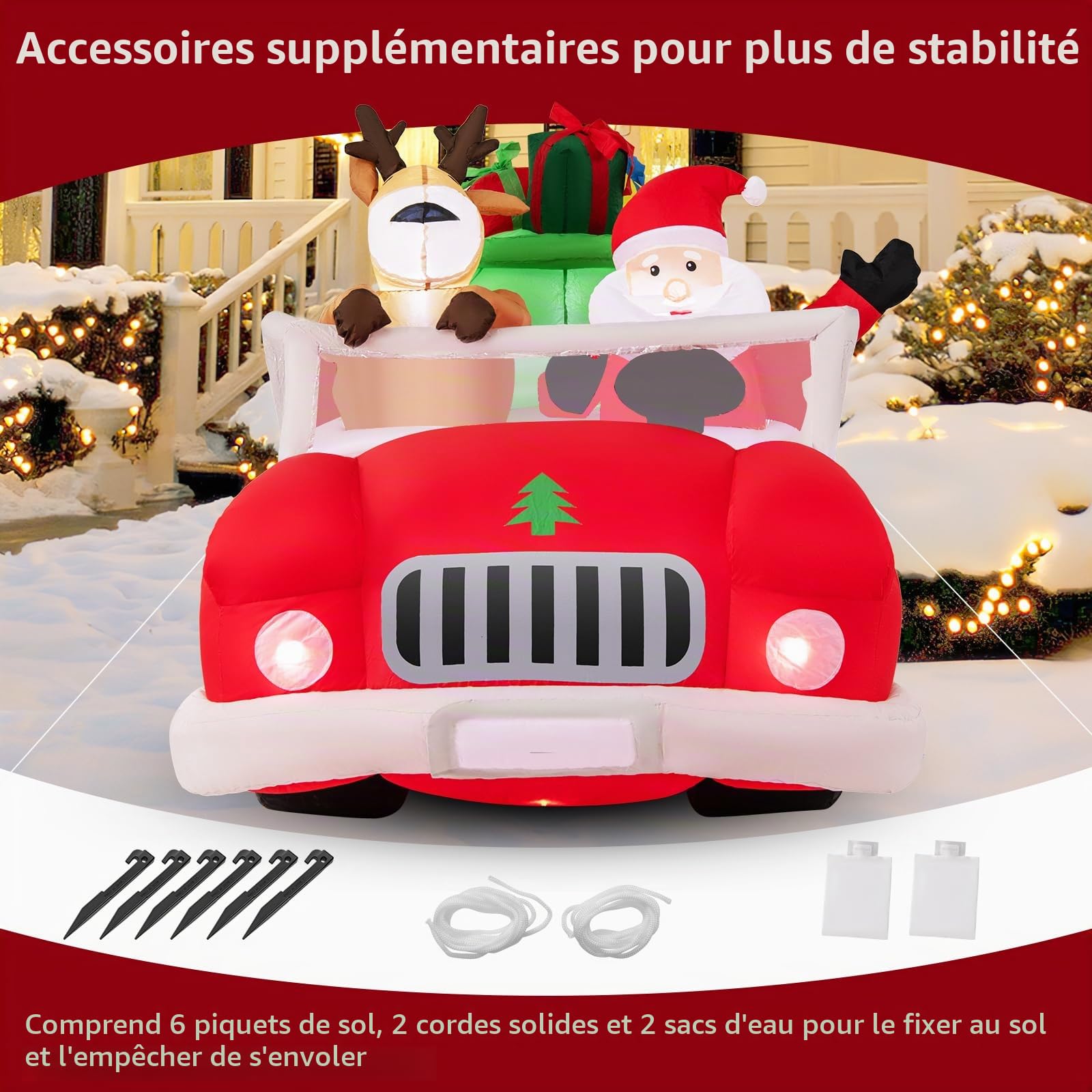 GOPLUS Décoration Noel Exterieur Interieur Gonflable 2,35 m Long, Père Noël Gonflable Lumineux et Renne Noel Conduit Voiture Rouge avec Cadeaux, Décoration Noël Inflable