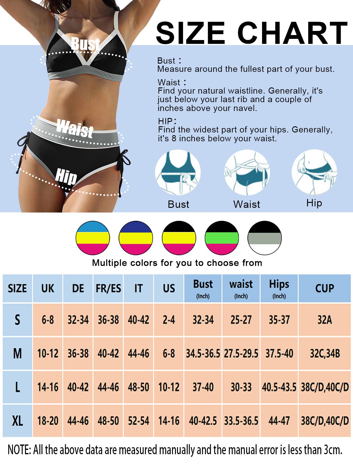 JFAN Traje de baño de Mujer de Dos Piezas Sexy Push up Cuello en V Talle Alto Bañadore Bikini de Conjunto Bloques de Color de Moda Piscina en la Playa