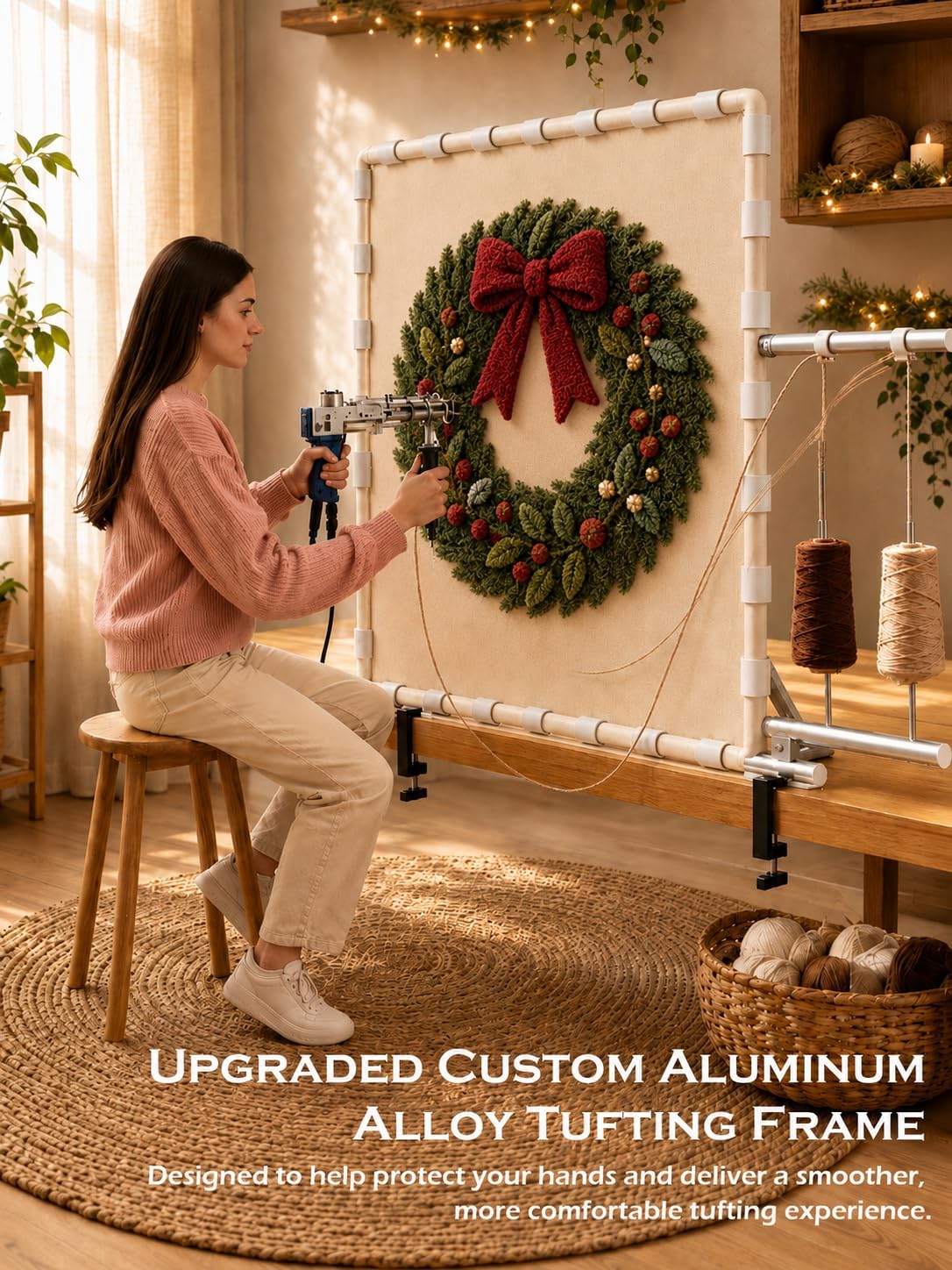 19.7"+27.6" x 27.6" Adjustable Aluminum Alloy Rug Tufting Frame Kit, Dual Width & Height Adjustable Tabletop Tufting Frame with Clip Fixation Design for Rug Making and DIY Crafts