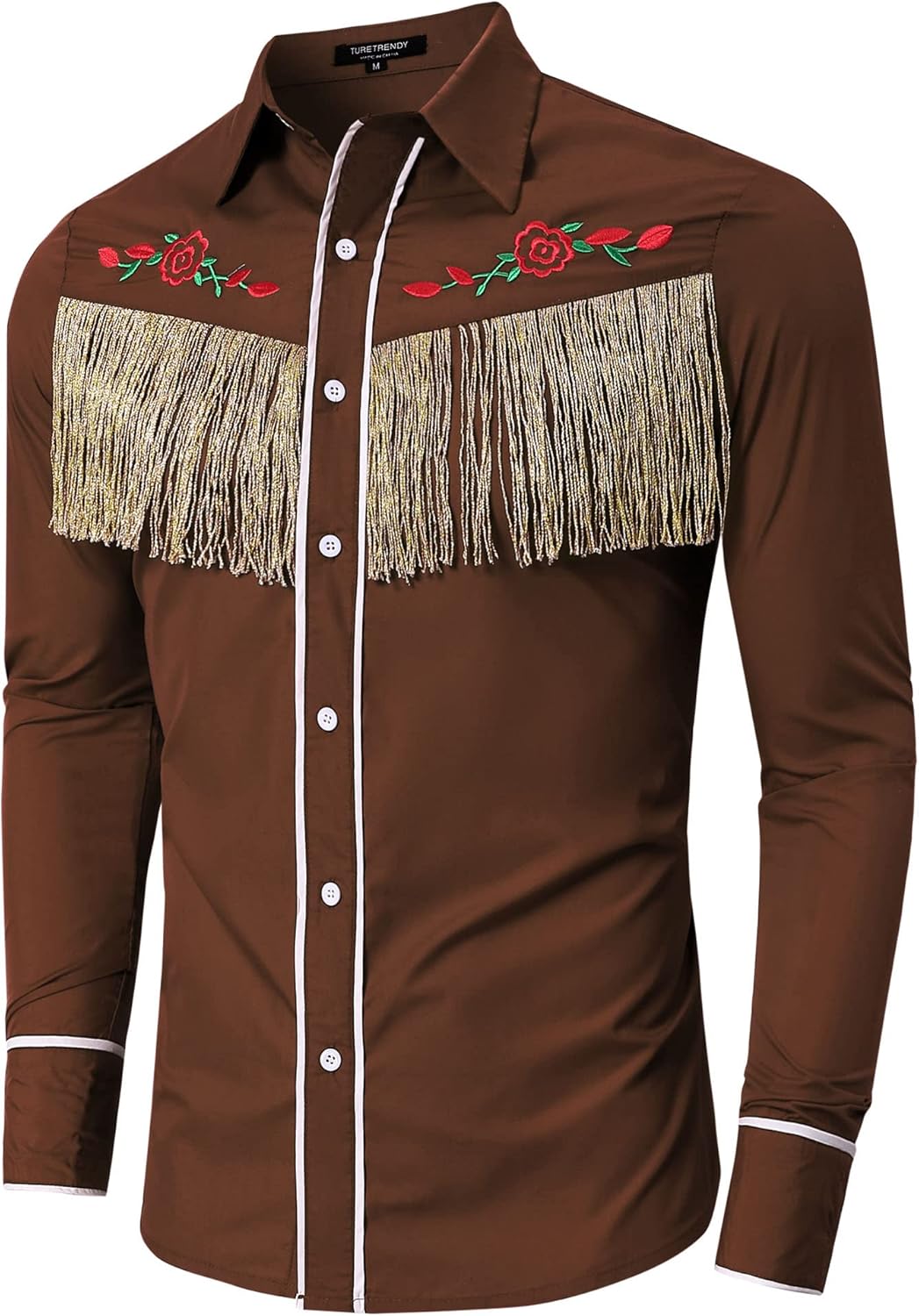 TURETRENDY Men's Western Cowboy Fringe Shirt Long Sleeve Rose Embroidered Slim Fit Button Down Shirt - Image 4