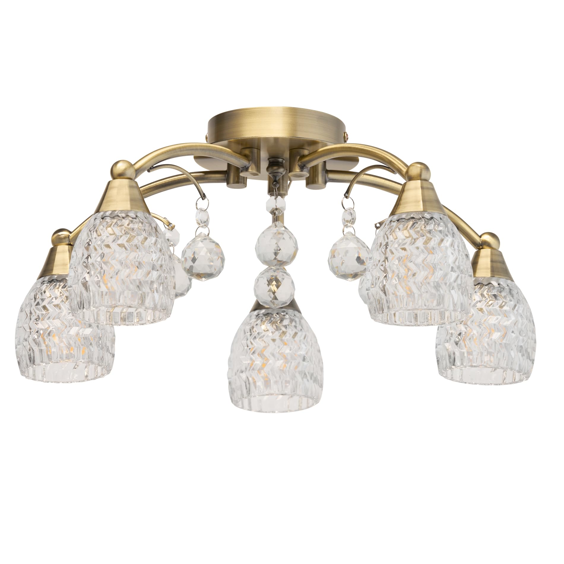 Lighting Supermarket Antique Brass Lismore 5 Light Crystal Drops Semi Flush Ceiling Light With Crystal Glass Shades