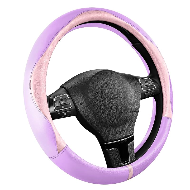 Capa para volante PIC AUTO em couro sintético com padrão patchwork rosa e lilás-claro, encaixe universal de 36,8 a 39,4 cm