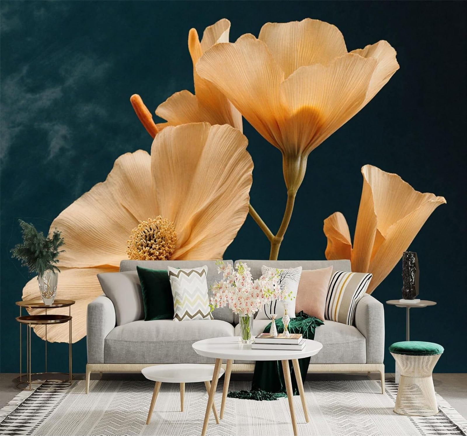 Tzxztt Minimalist Beautiful Beige Flowers Dark Green Background Modern 3D Wallpaper Premium Textured Silk Neutral Tones Material Ideal for Living Room Bedroom-250cm×170cm