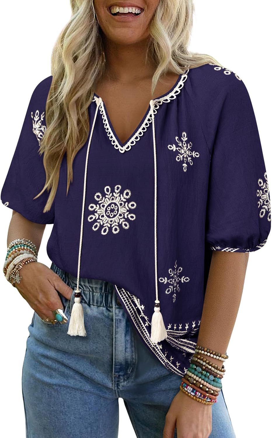 Summer Womens Spring Tops for Women Casual V Neck Half Short Sleeve Boho Blouses Shirts Flowy Vacation Clothes