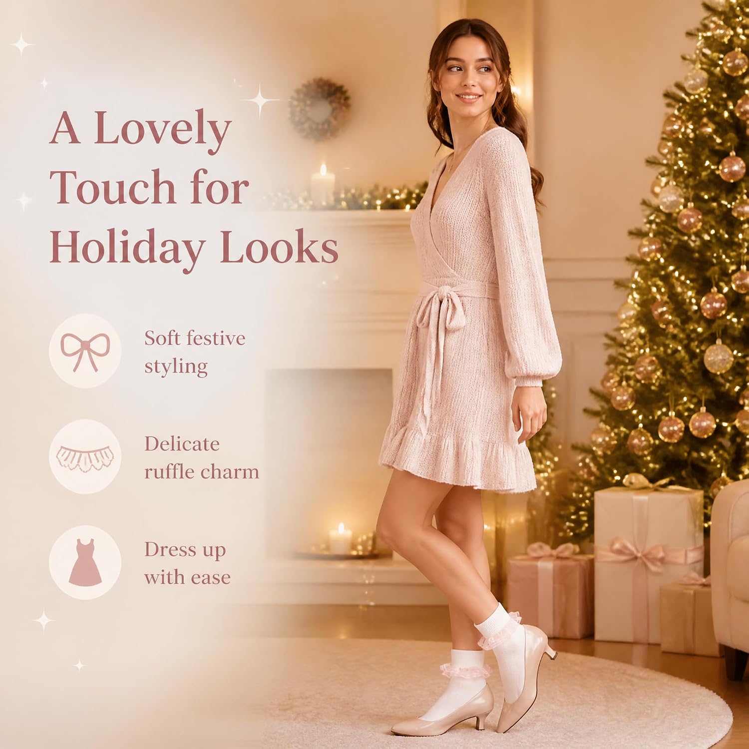 Women Sweet Lace Ruffle Turn Cuff Ankle Socks White Cotton Casual Socks with Pink Sheer Ribbon Frill for Daily Bride image 5