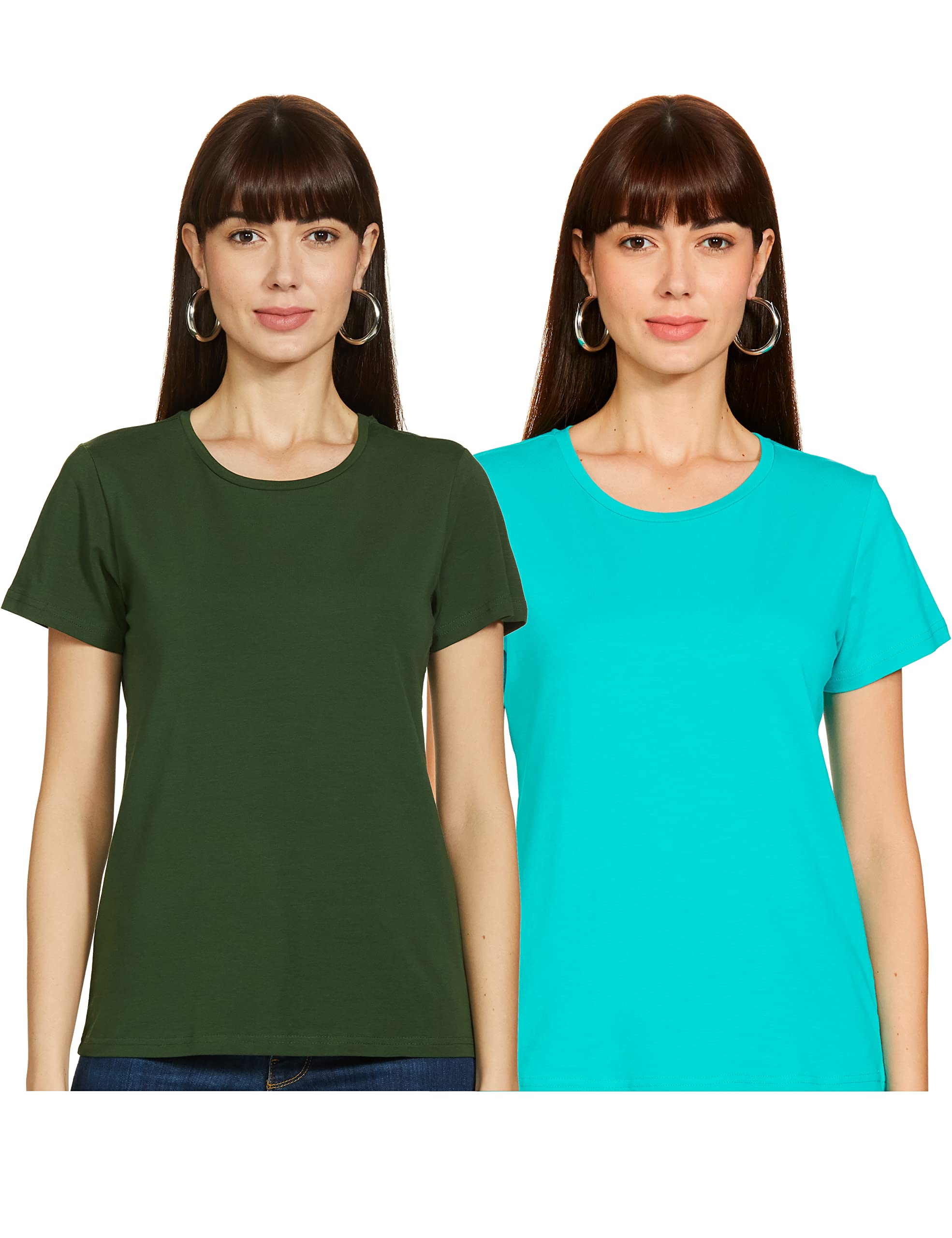 Amazon Brand - SymbolWomen's Solid Cotton Stretch Half Sleeve Round Neck Regular Fit T-Shirt (Pack of 2)