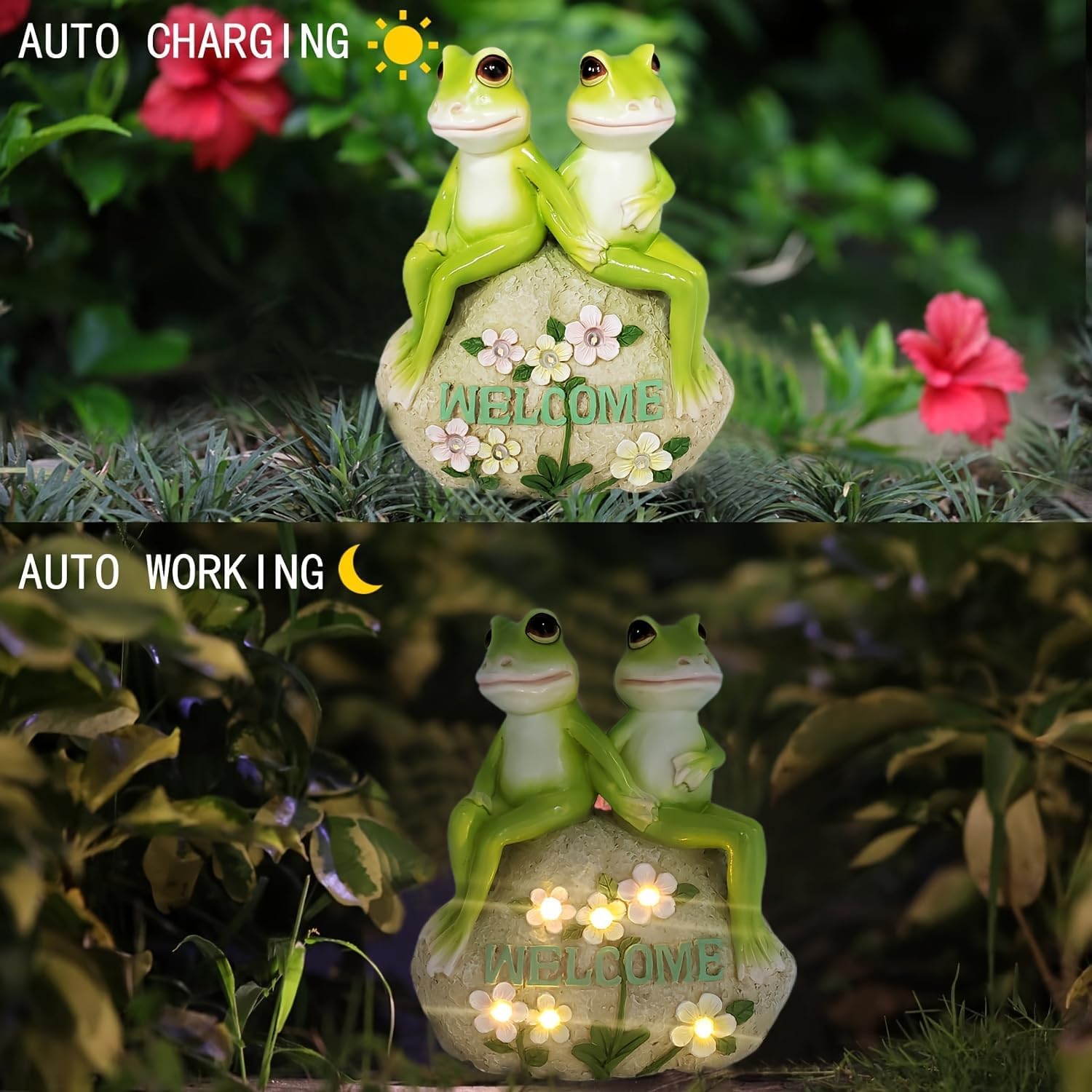 Solar Powered Frog Couple Statue with LED Lit Flowers Welcome Sign 7-Inch Tall Resin Garden Decor Romantic Ornament Gift for Porch Patio Housewarming Wedding Outdoor Decor - Image 4