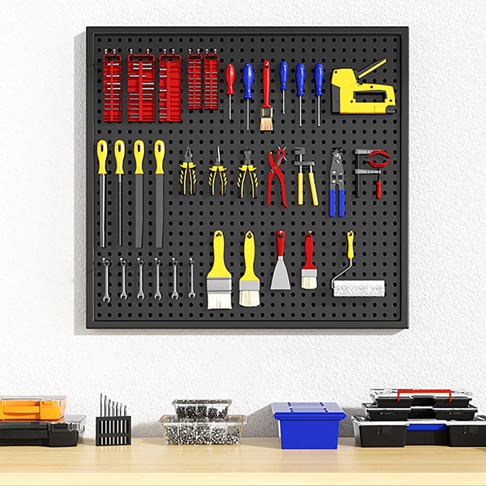Organizador Herramientas Mesa de Trabajo Taller Panel Pared Estante para Tablero Perforado de Pared con Ganchos de Metal, Organizador de Metal Resistente para Garaje, Entrada, Cuarto de Herramientas(B