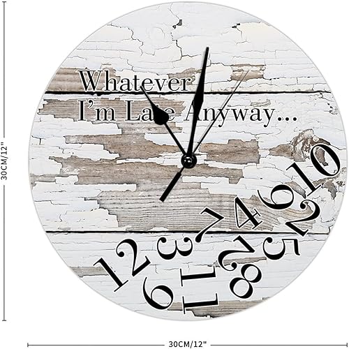 Miniatura 2 de Whatever I'm Late Anyway - Reloj de pared de madera de grano de madera blanca envejecida, estilo rústico, reloj de pared redondo de madera sin