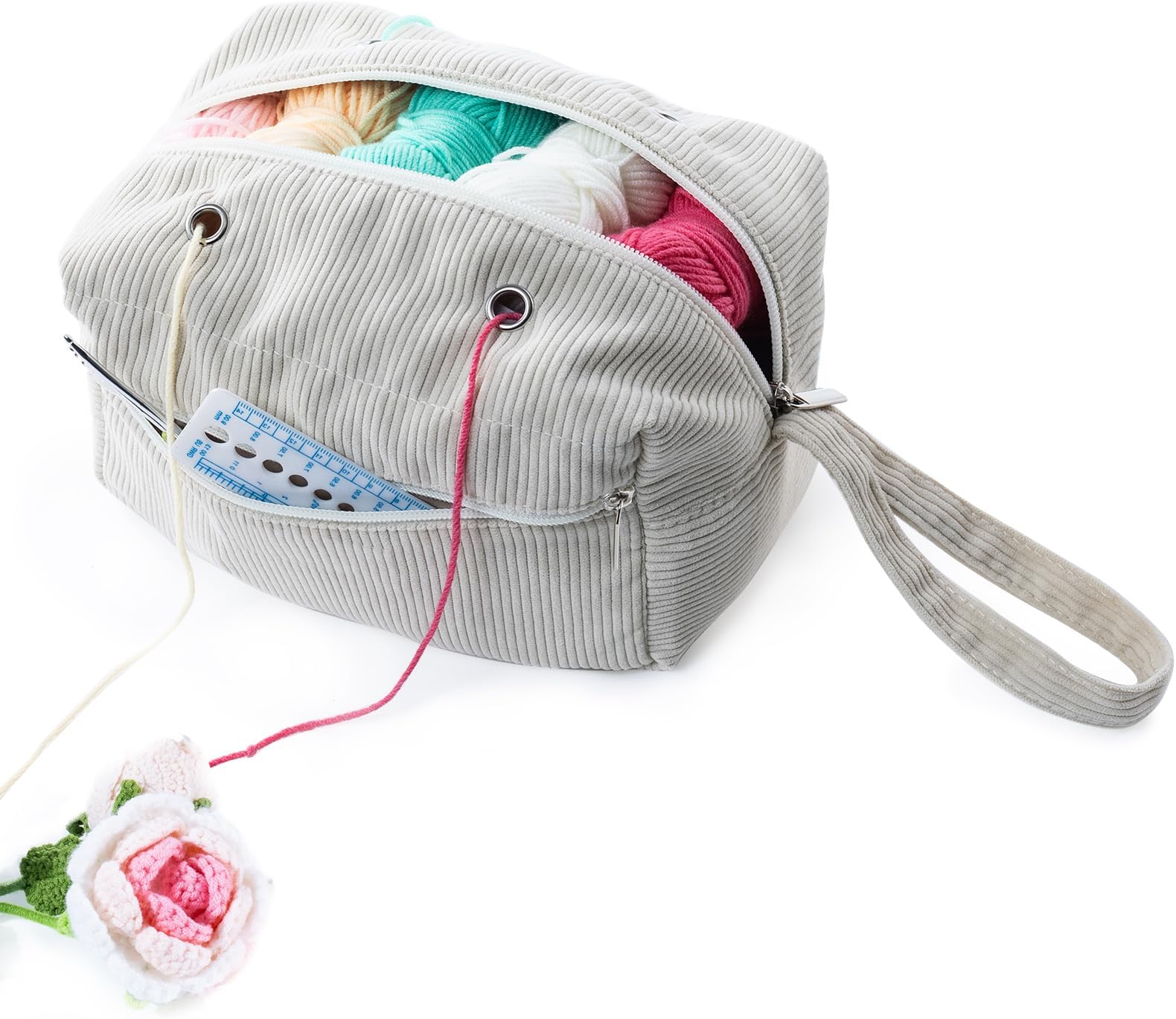 MYBAGZING Crochet Bag and Tote Bag - Corduroy Yarn Bag - Yarn Holder with Pockets for Crochet Hooks, Knitting Accessories