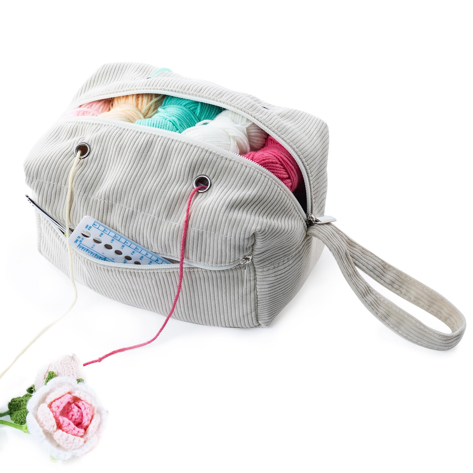 Crochet Bag and Tote Bag - Corduroy Yarn Bag - Yarn Holder with Pockets for Crochet Hooks, Knitting Accessories