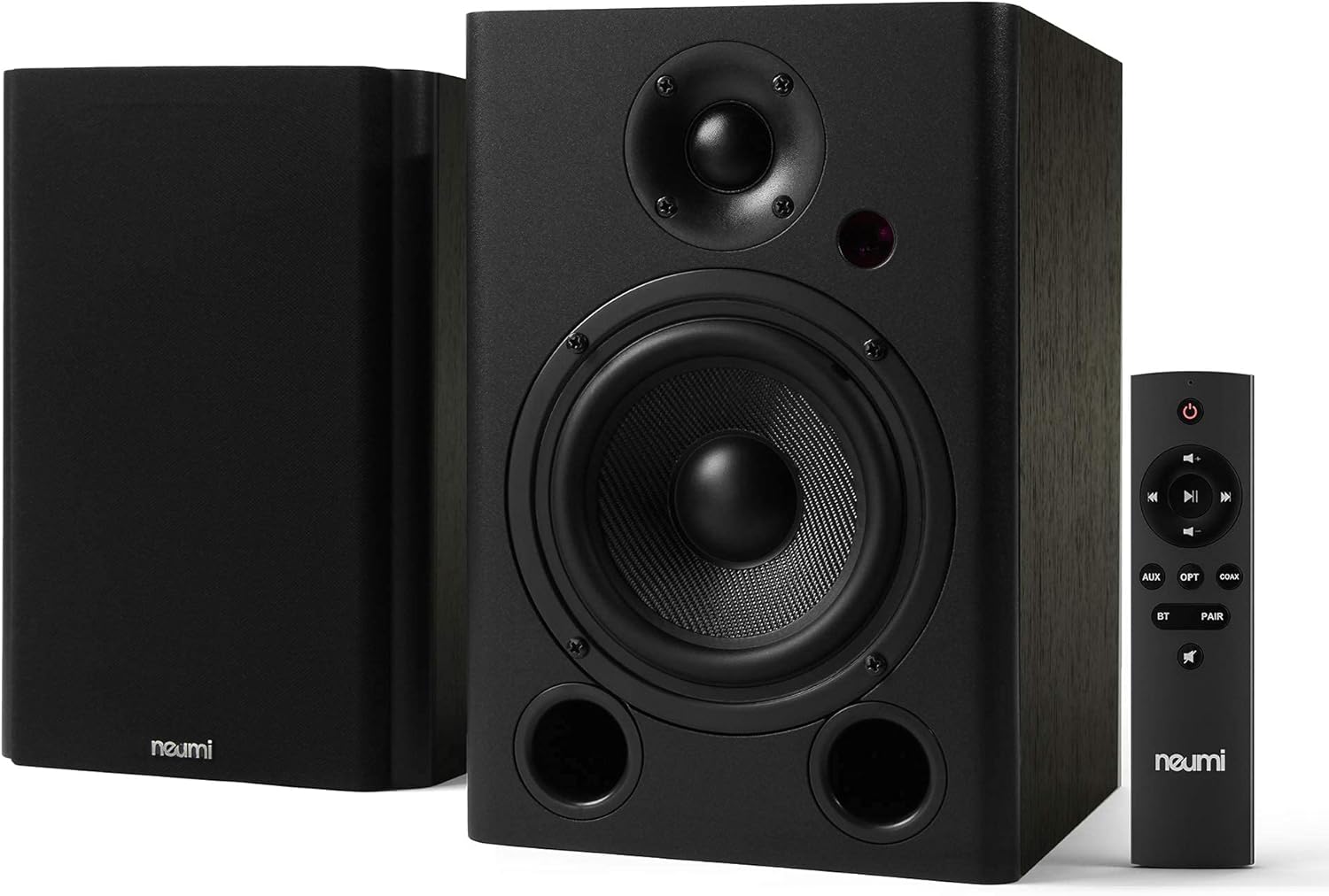 NEUMITECH NEUMI BS5P 75-Watt Powered Bookshelf Speakers, Bluetooth, Optical, Coaxial, Remote Control, 5-Inch Woofer, 1-Inch Tweeter, Dark Wood, 1 Pair