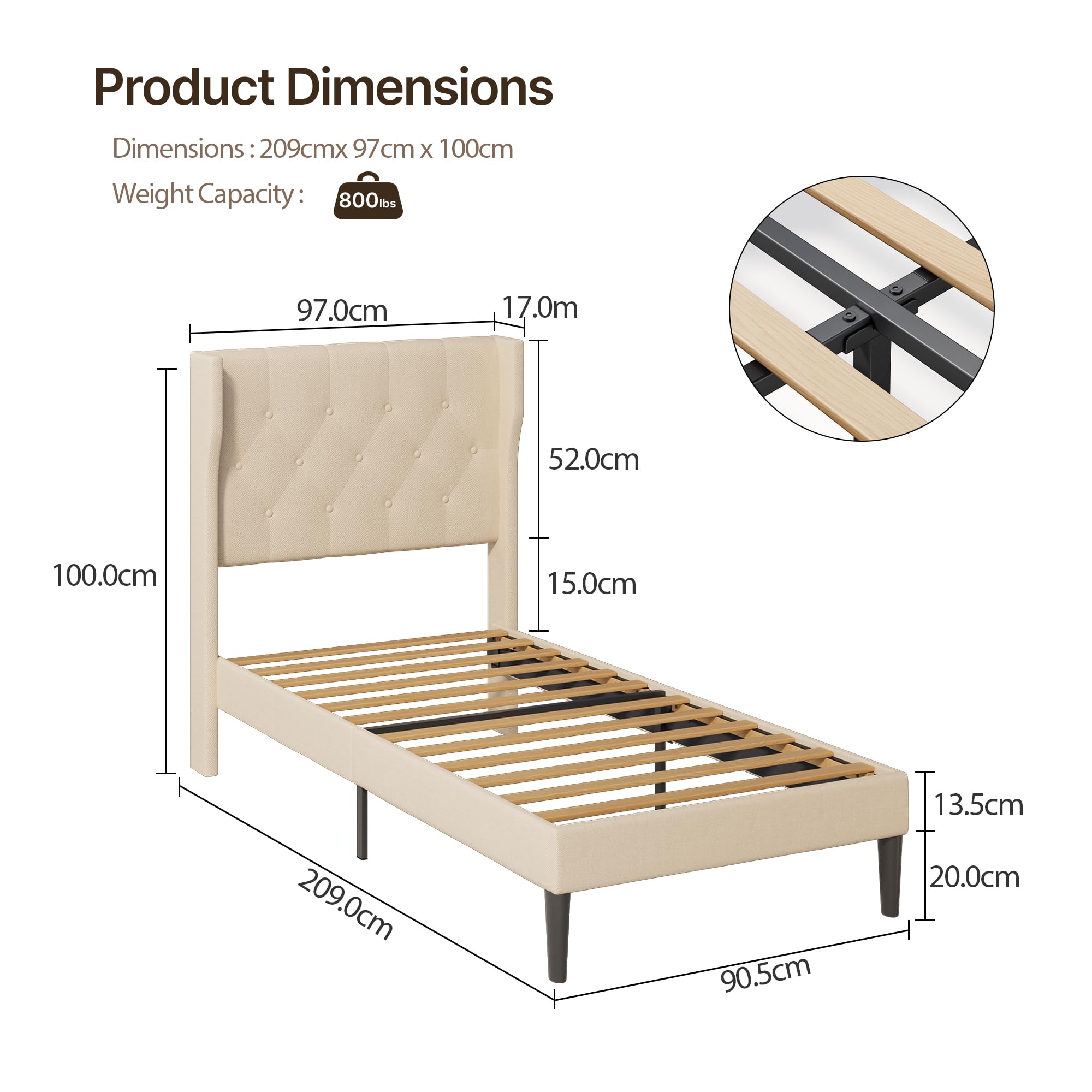 Xbro Lit Rembourré 90 x 200 cm,Forme Rembourré avec Support de Lattes en Bois,Lit Simple,Facile à Assembler et Stable,20 cm de Rangement,Beige