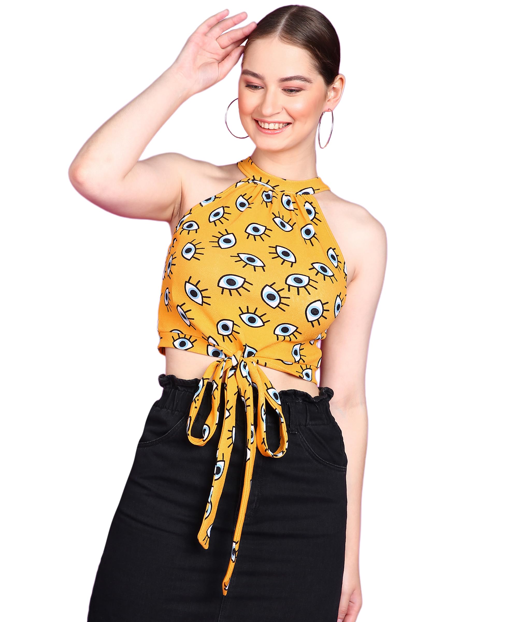 POPWINGS Women Casual Yellow Eye Printed Sleeveless Halter Neck String Knot Crop Top | Women Tops | Women Regular Tops | Women Tops | Women Stylish Tops-picture-35