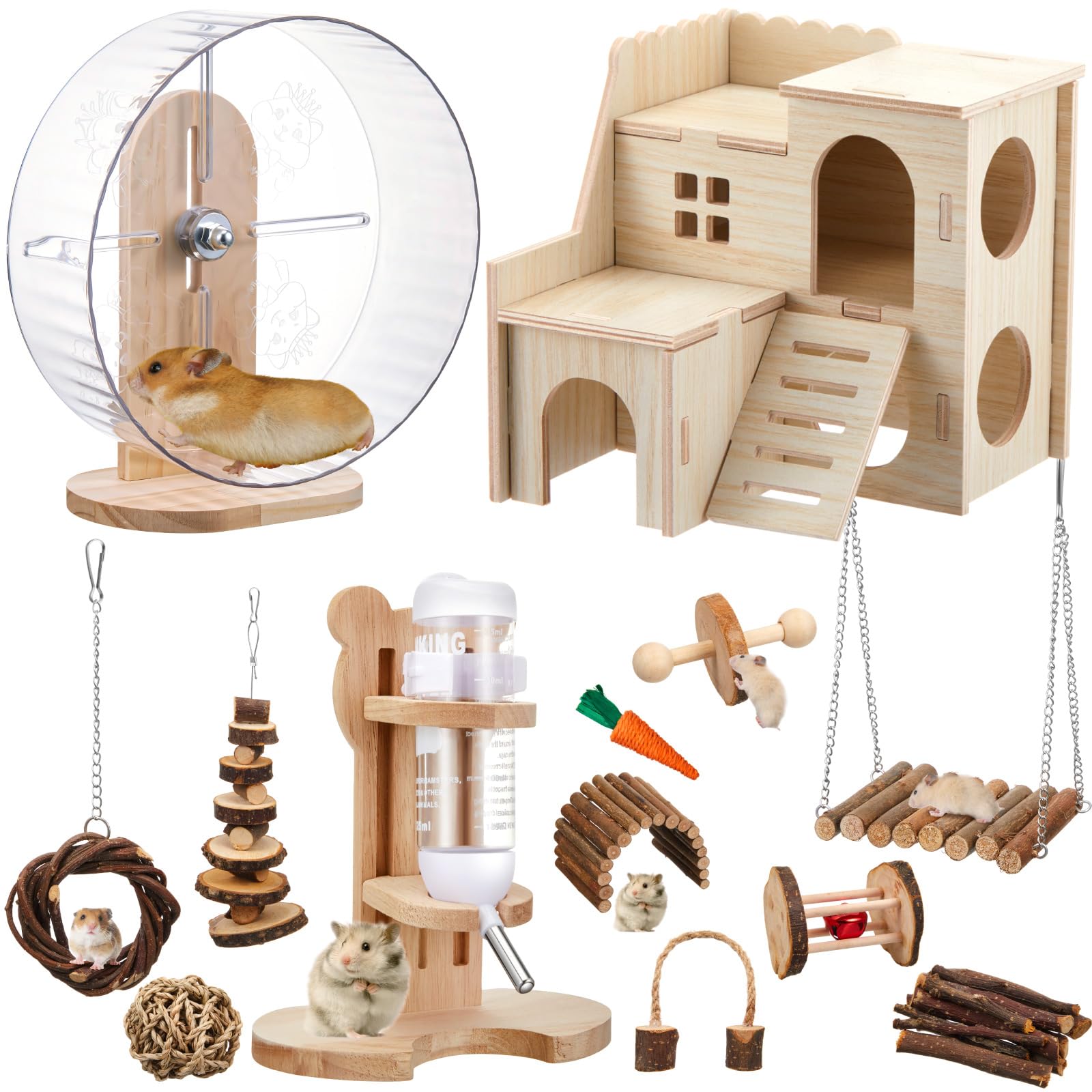 Sonwyoung 18 Pcs Hamster Toys Set, 10 Kinds Small Animal Chewing Toys, Maze Wood House, Silent Exercise Running Wheels and Water Bottle Set for Hamster Habitat Rat Cage Accessories(Mixed Play Style)