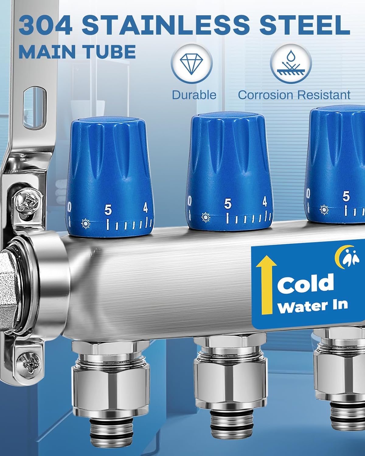 4-Branch Radiant Heating PEX Manifold Kit for Hydronic Radiant Floor Heating Stainless Steel Manifold Kit for PEX Tubing (1/2’’ and 3/4’’ adapters included)