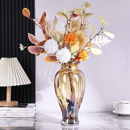 Miniatura 7 de Jarrón de vidrio soplado a mano de 11.8 pulgadas de alto, hermoso jarrón de capullo de boca ancha color ámbar dorado para centro de mesa, jarrones