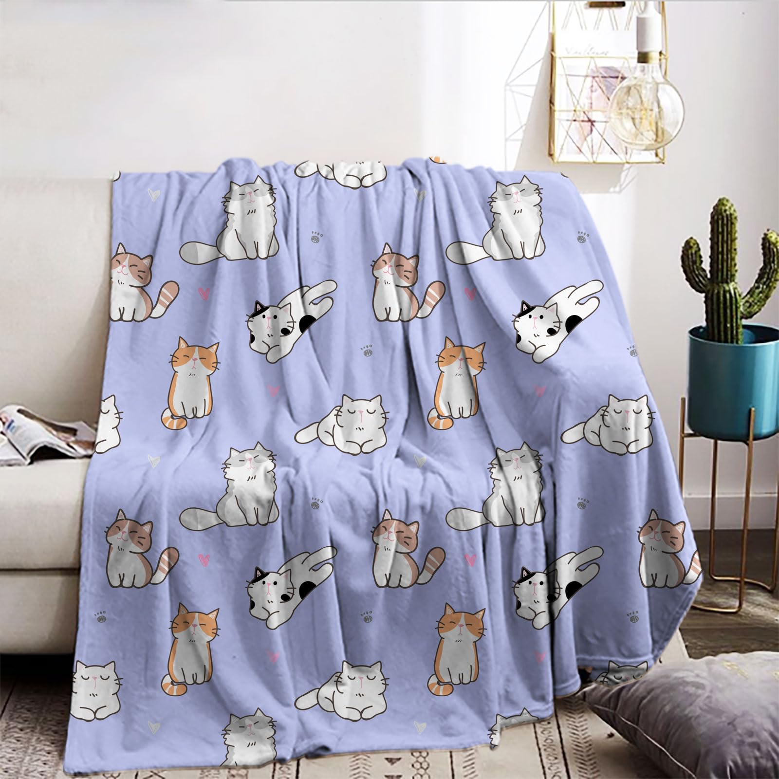 Cat Motif Blanket, 130 x 150 cm, Cartoon Kitten Cuddly Blanket, Fleece Blanket with 3D Animal Print, Soft Warm Fleece Blanket as Sofa Throw, Bedspread, Living Room Blanket (B, 130 x 150 cm)