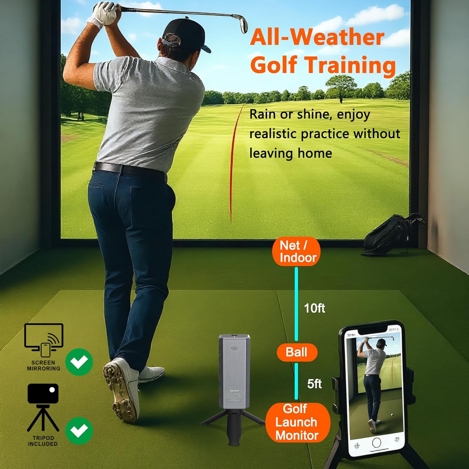 Golf Launch Monitor & Simulator: Portable Swing Analyzer with 13 Metrics, 3D Driving Range, 3D Trajectory & Video Record for iOS/Android