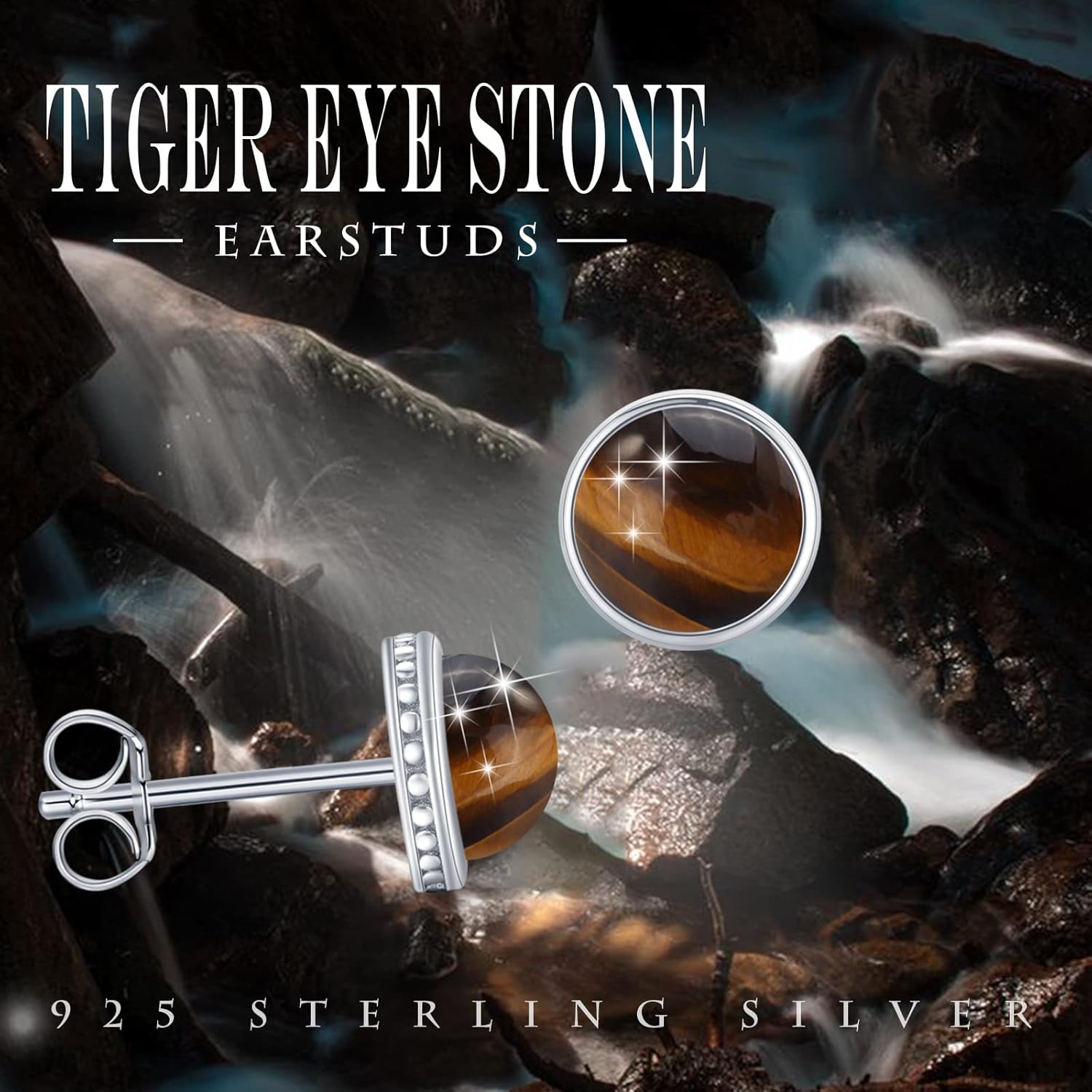 Simple Round Stud Earrings for Women 925 Sterling Silver Tiger Eye/Mood Stone/Pink Quartz/Amethyst/Moonstone Stud Earrings Minimalist Stud Hypoallergenic Earrings for Women 4/6/8mm