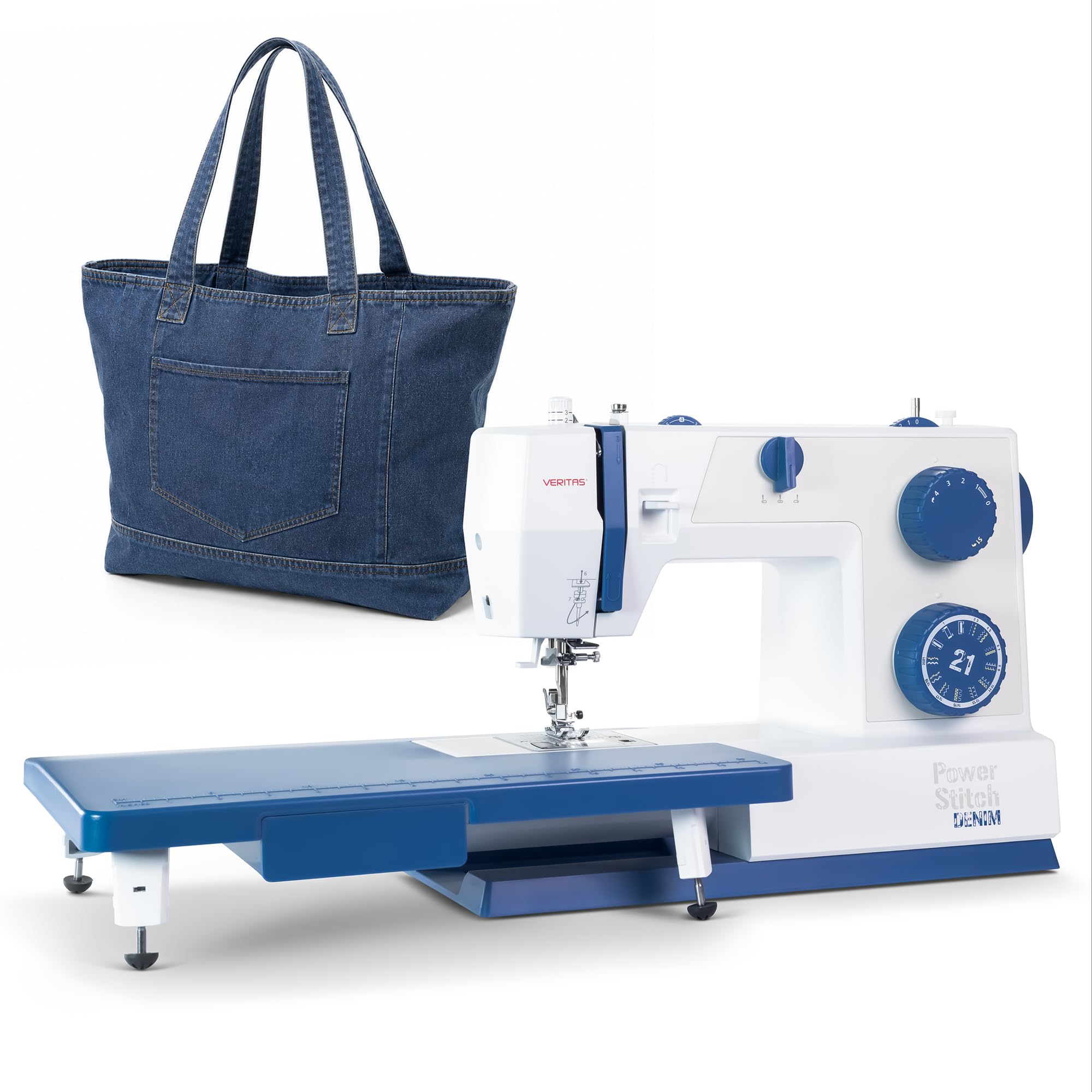 VERITAS Power Stitch Denim maszyna do szycia – stolik wysuwany XXL, pomoc w nawlekaniu, nożny, do 1000 ściegów/min, regulowany nacisk stopki, wolne ramię – do dżinsów, skóry i delikatnych