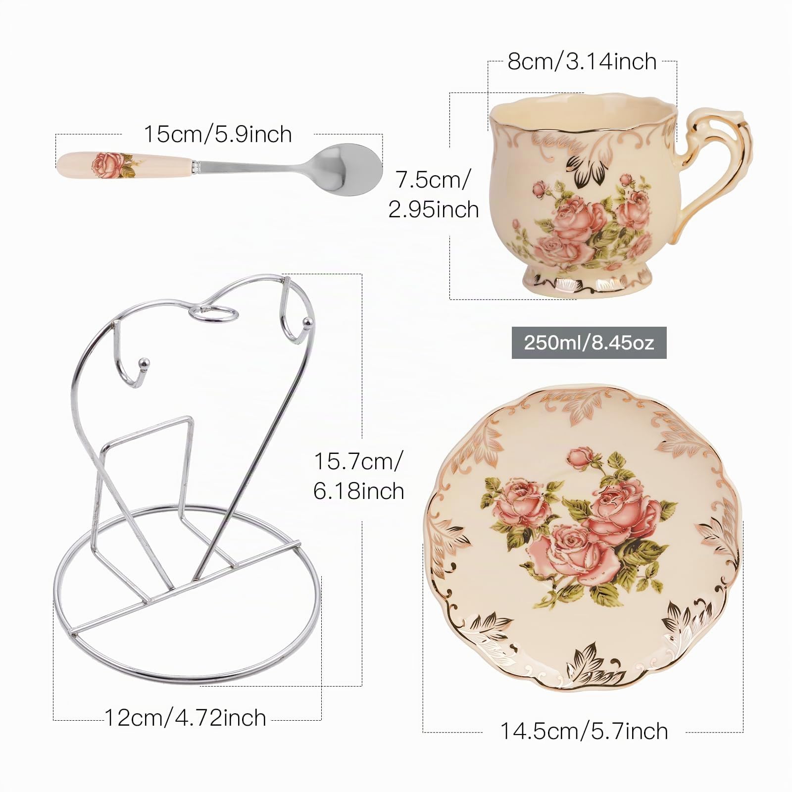 Yolife Floral Tasse à thé et Soucoupe Set, Vintage Ensemble de Service à thé 2 Cup Rose Pattern Ivoire