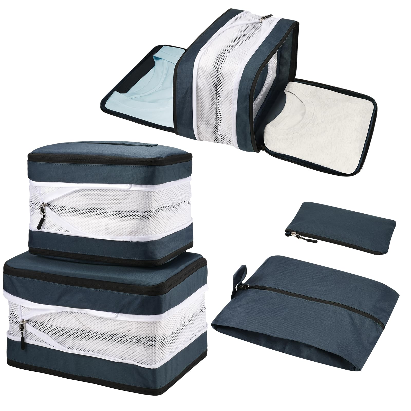 Tutushop Navy 5 Set Compression Packing Cubes For Suitcases, Travel Organiser For Carry On Hand Luggage Newest Double Sided Expandable Packing Bags With Shoes Bag (Navy)