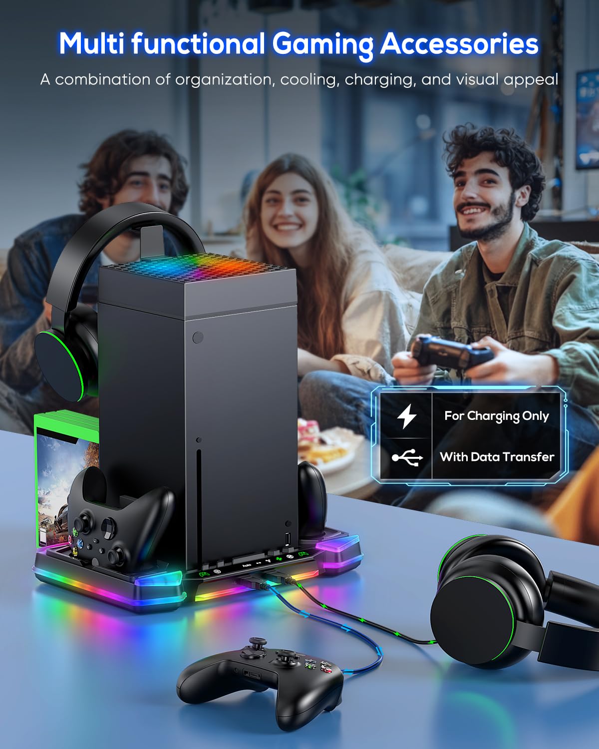 Sistema di raffreddamento automatico aggiornato e supporto di ricarica per console e controller Xbox Series X, accessori con 11 luci RGB e 2 batterie ricaricabili da 1400 mAh, supporto per cuffie e