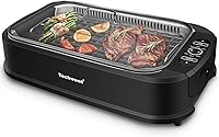 Techwood 1500W Smokeless Indoor Electric Grill with Glass Lid - Non-Stick, Dishwasher Safe, Precise 220-450°F Temp Control, Black