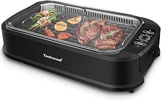 Techwood 1500W Smokeless Indoor Electric Grill with Glass Lid - Non-Stick, Dishwasher Safe, 220-450°F Temp Control, Black