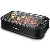 Indoor Grill, Techwood 1500W Smokeless Electric Grill with Tempered Glass Lid, Compact & Portable Non-Stick BBQ Grill with 6-Level Control, Dishwasher Safe, Black Single Grill Plate Black