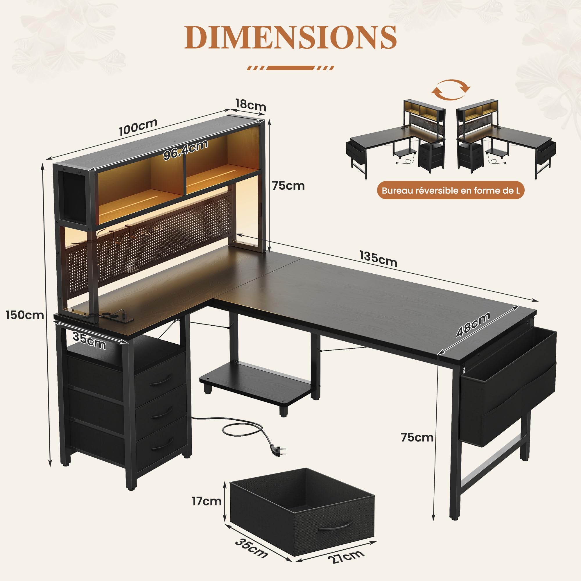 YOUDENOVA Bureau d'angle en L Réversible, Bureau Gaming avec Panneau Perforé et Étagères, Bureau avec LED et Prises, 3 Tiroirs et Poche de Rangement, Table pour Salon Domicile 135x100 cm Noir