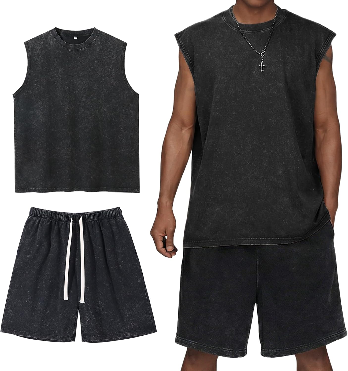 Gihuo Mens 2 Piece Outfits Vintage Wash Sleeveless Tank Tops and Shorts Set Casual Summer Tracksuit